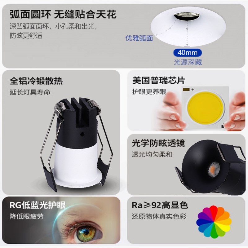 弧面小孔射灯嵌入式3W5W7W10W开孔3.5公分35mm高显色防眩迷你筒灯