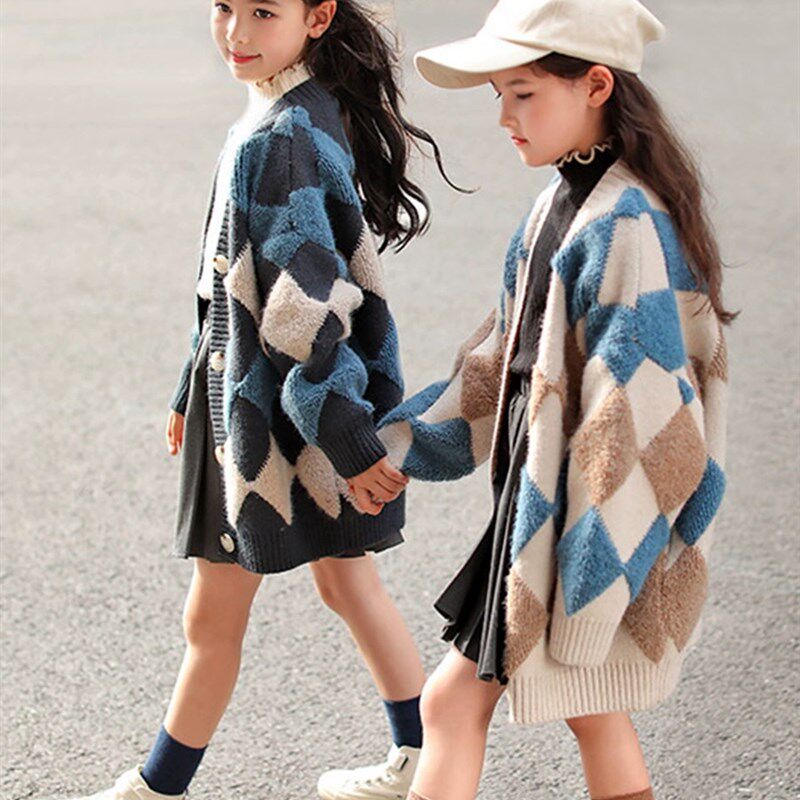 女童针织开衫2023新款秋装洋气大童毛衣儿童装中长款春秋毛线外套