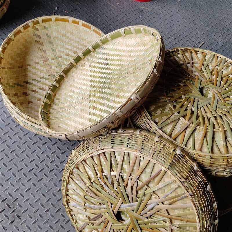 加固竹编簸箕圆形双层老式晾晒农家用竹篮子手工制品晒菜网收纳篮
