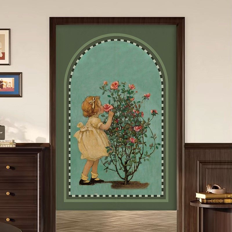 美式门帘中古卧室布帘高级感复古隔断帘免打孔厨房半帘遮挡帘定制