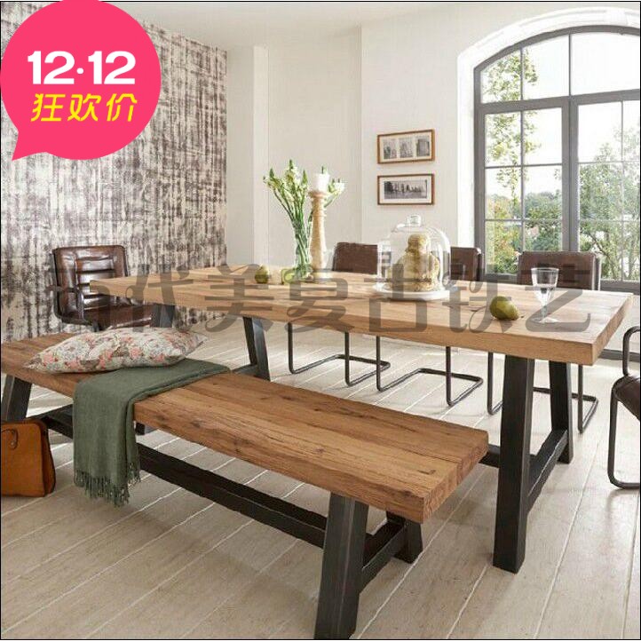 美式仿古做旧老松木工作台办公桌实木会议桌餐桌长凳铁艺复古餐桌