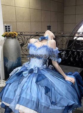 蓝色花嫁礼服lolita连衣裙洋装重工拖尾蓬蓬公主裙