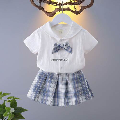 女童半身裙格子百褶裙夏套装中小童jk制服短裙正版儿童5岁学院风6