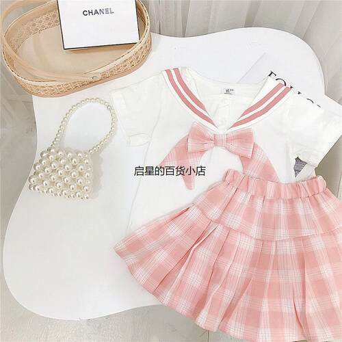 jk制服儿童女网格蝴蝶结T恤百褶短裙小女孩套装中小童装女童套装