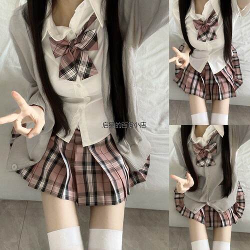 jk原创长袖毛衣开衫格裙正版jk制服秋冬套装叠穿学院风女COSPLAY