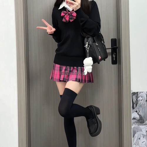 肥猫jk原创 正品格裙辣妹半身裙学院风玫红百褶裙短裙