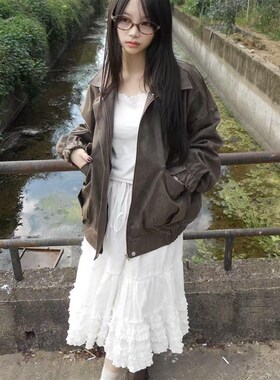 预习春天 白色蛋糕花边长裙 复古蕾丝拼接松紧腰宽松度假风半身裙