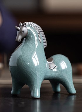 新中式创意陶瓷可爱唐马摆件家居客厅办公室茶桌面装饰工艺品摆设