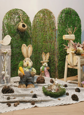 铁艺屏风木质小鹿草编兔子组合橱窗幼儿园自然角装饰摆件花园布置