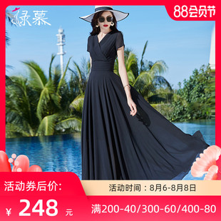2021夏季新款长款黑色雪纺连衣裙气质V领收腰显瘦到脚踝大摆长裙
