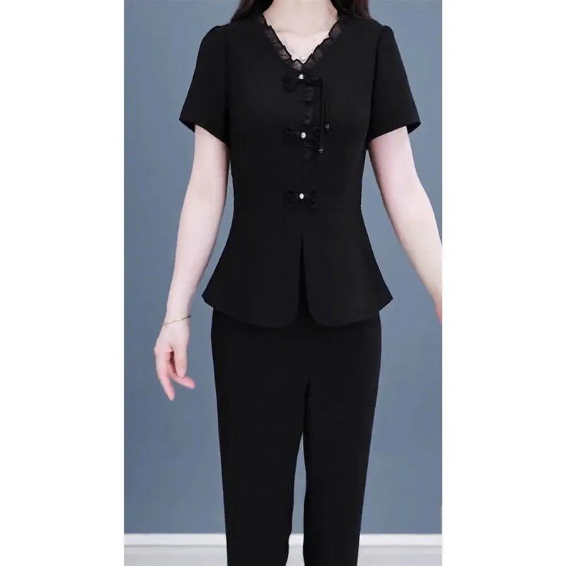 气质显瘦国风盘扣上衣微喇叭裤两件套2024夏季新款时尚短袖套装女