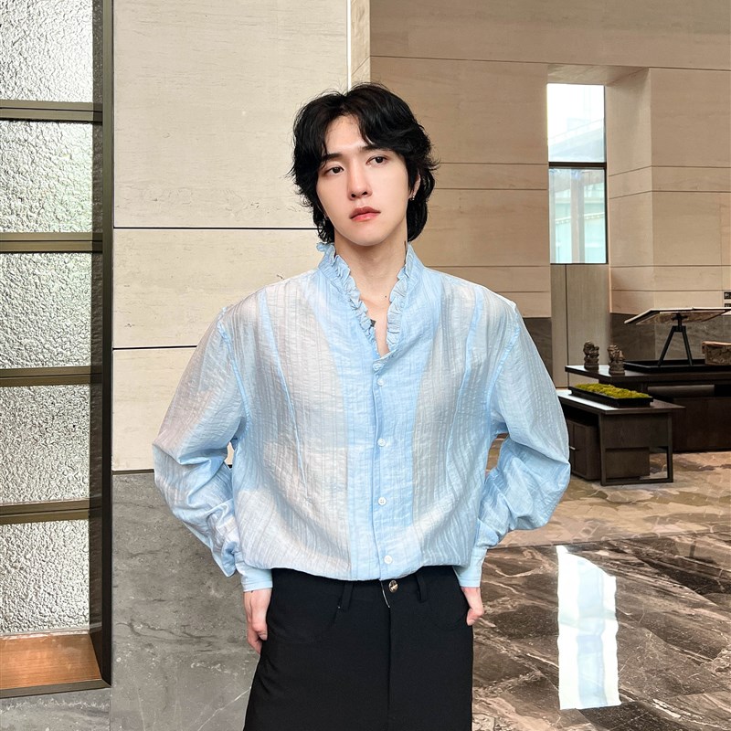 子上男装 法式复古宫廷风褶皱木耳边V领衬衫男小众高级感宽松上衣