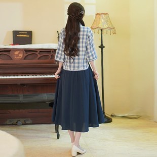 蓝色格子旗袍女小个子微胖新中式民国风女装学生装民国时期演出服