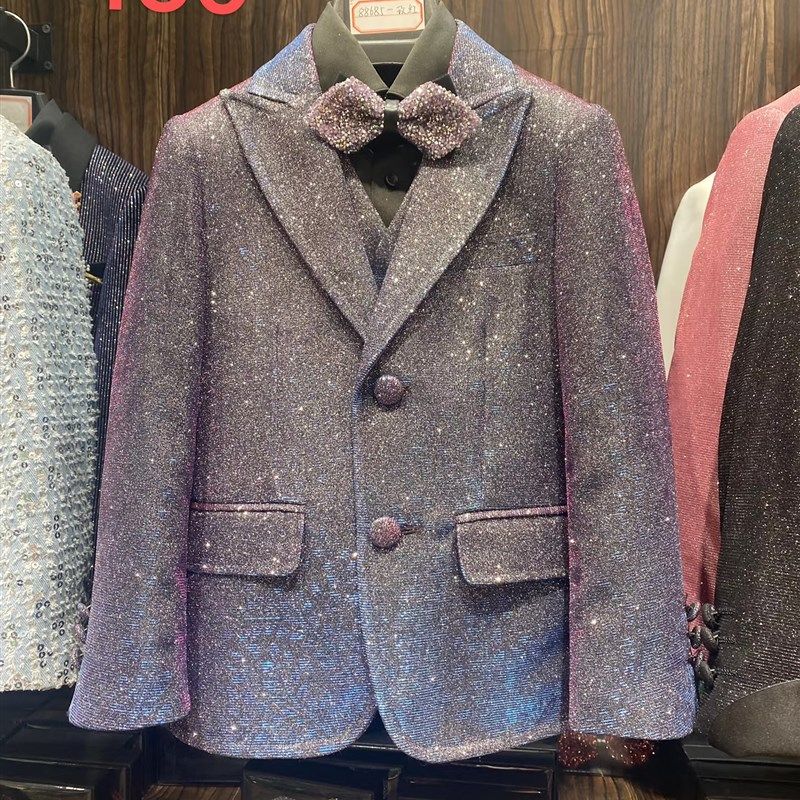 礼服男童紫色闪亮五件套西装套装小主持人生日钢琴演出服模特走秀