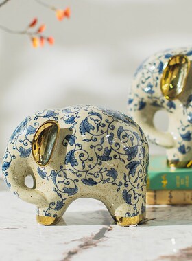 木南家居复古青花瓷象陶瓷大象中式玄关装饰摆件桌面乔迁开业礼物