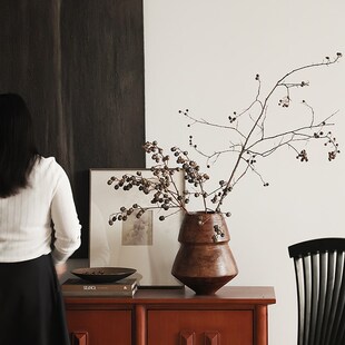 形上中古风实木器花瓶侘寂风客厅桌面仿古铜水果盘装饰品挂画摆件