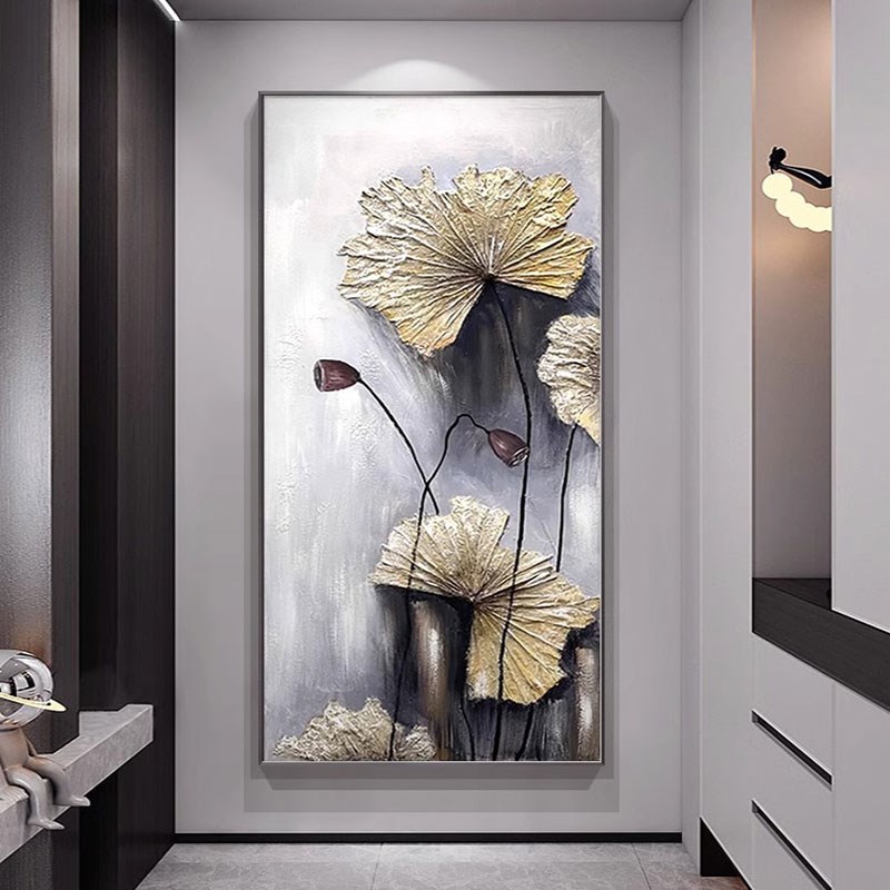 大芬油画村荷花玄关装饰画中古风入户正对门客厅挂画走廊过道壁画图片