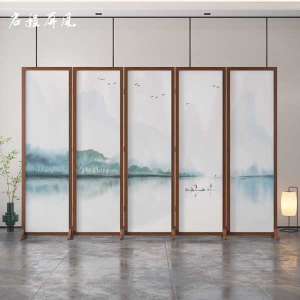 新中式实木折叠移动屏风隔断办公室酒店餐厅茶室遮挡山水画可拉直