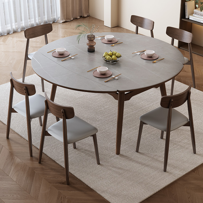 黑胡桃色风岩板可伸缩餐桌小户型家用现代实木折叠圆饭桌