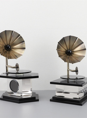 现代复古水晶金属留声机样板间家居客厅书房创意桌面装饰摆件