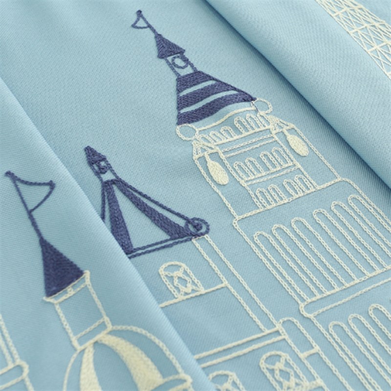 地中海蓝色城堡棉麻绣花小男孩卡通儿童房间卧室客厅成品窗帘定制