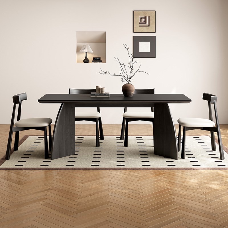 复古实木岩板餐桌家用法式中古风长方形高品质小户型黑色饭桌子