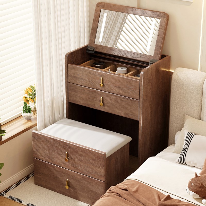 实木梳妆台现代简约小户型翻盖化妆桌卧室迷你床头收纳柜一体书桌