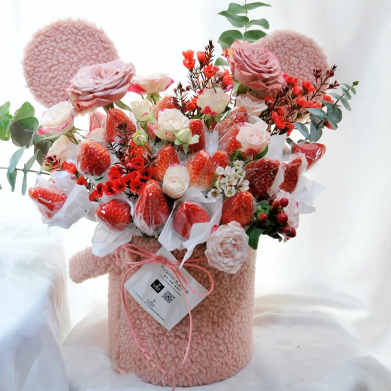新年冬天花礼北京杭州鲜花速递同城送花抱抱桶草莓水果花篮玫瑰