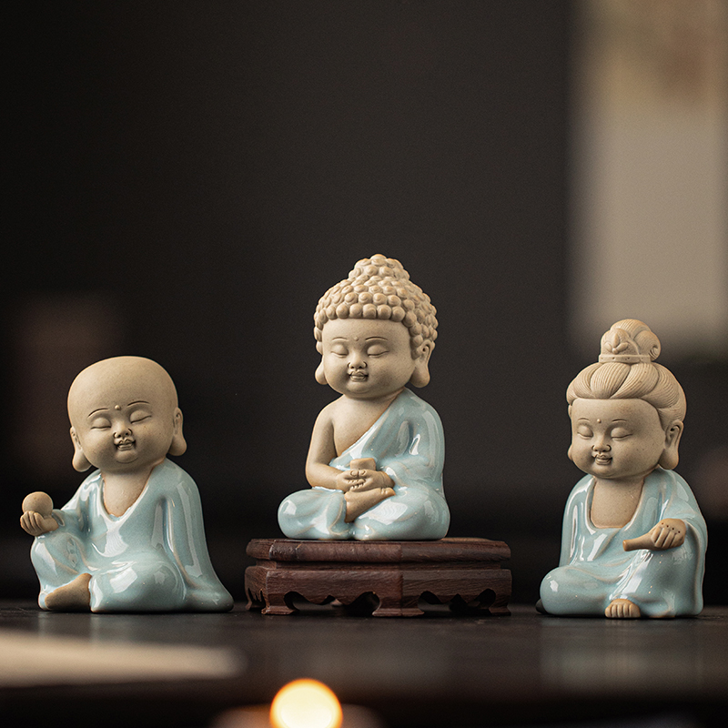 创意汝窑如来三圣茶宠摆件可养开片茶桌装饰功夫茶具茶道个性茶玩