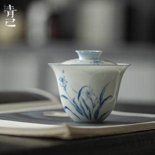 青花 一品仟堂青己薄胎家用手绘盖碗功夫茶具陶瓷泡茶碗简约新中式