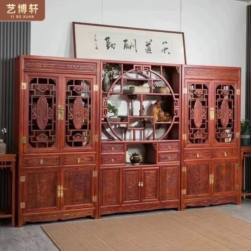 北方老榆木实木书柜组合中式书架仿古玻璃展示书橱雕花隔断储物柜