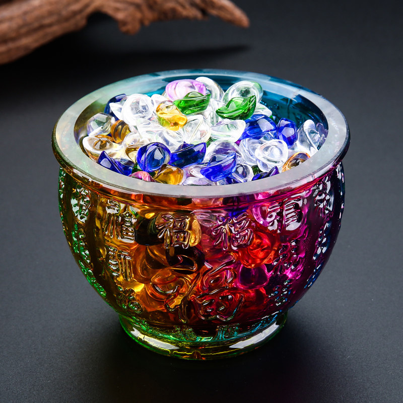 黄水晶米缸家用客厅玻璃聚宝盆桌面聚财玄关百福元宝五帝钱小,家居饰品,装饰摆件,淘宝优惠券,粉丝福利购,淘宝优惠卷