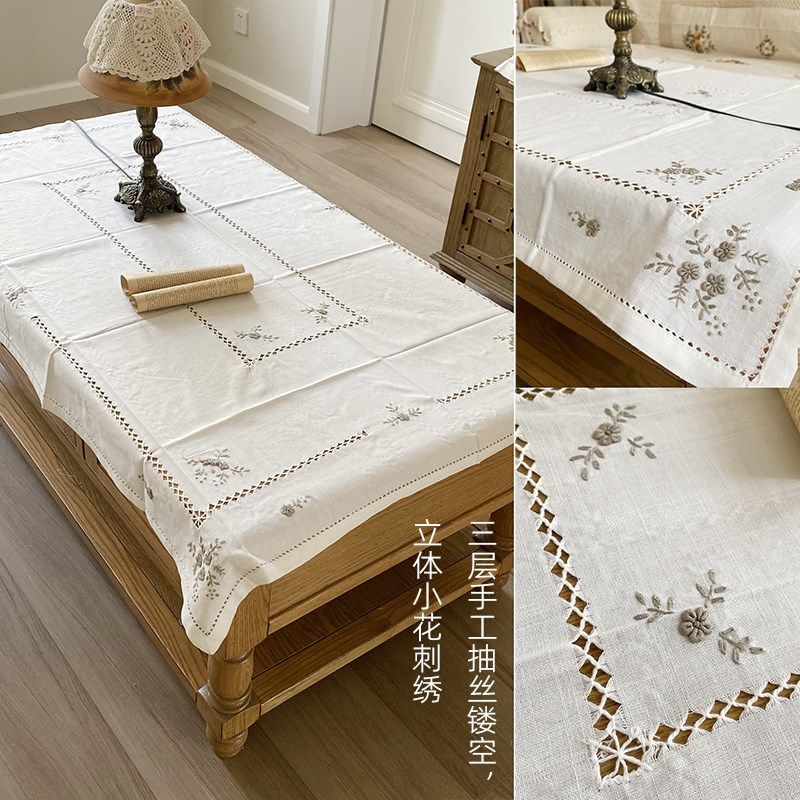法式乡村白色餐巾茶几布手工抽丝镂空立体灰线绣竹节麻桌布盖巾,居家布艺,桌布,淘宝优惠券,粉丝福利购,淘宝优惠卷