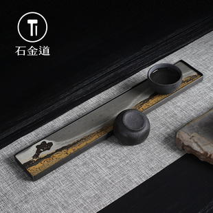 品茗杯架茶道配件专用 石金道天然国画石茶杯托盘家用隔热创意中式