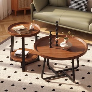 中古风家用茶几客厅简约收纳铁艺边几圆形双层民宿轻奢复古木桌子