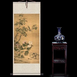 马荃白头荣贵仙鹤图三阳开泰花鸟画丝绸画卷轴画客厅家居装饰画