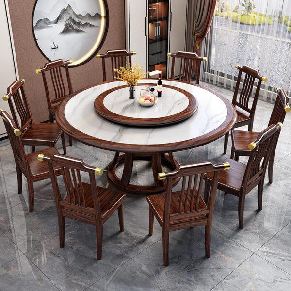 新中式岩板餐桌椅现代简约吃饭桌大小户型乌金木家用大圆桌带转盘