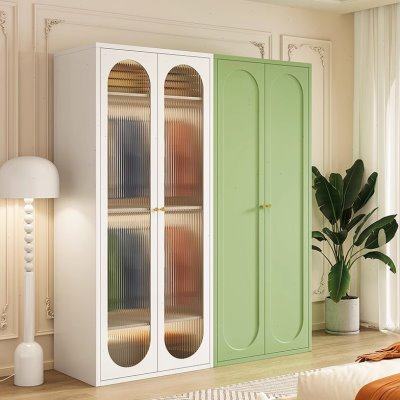 奶油风钢制衣柜家用玻璃门防尘铁皮柜多层挂衣收纳储物柜儿童衣橱