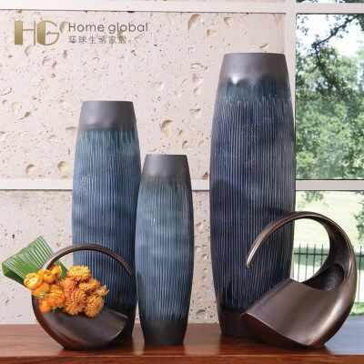 样板房现代蓝色火柴棍陶瓷花瓶干花插工艺品客厅电视柜装饰品摆件