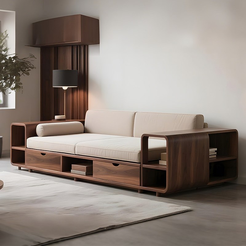 中古风实木f沙发客厅抽屉储物北美胡桃木别墅直排真皮沙发三人位