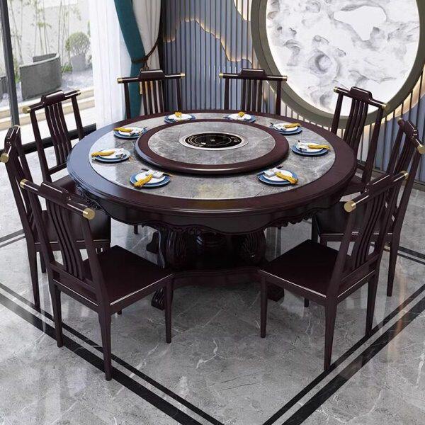 实木餐桌新中式圆形岩板电磁炉火锅饭桌家用饭店大圆桌2m橡木高档