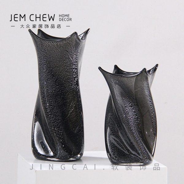轻奢现代黑色创意银箔扭转手工玻璃花瓶样板间售楼处玄关客厅餐桌,家居饰品,花瓶,淘宝优惠券,粉丝福利购,淘宝优惠卷