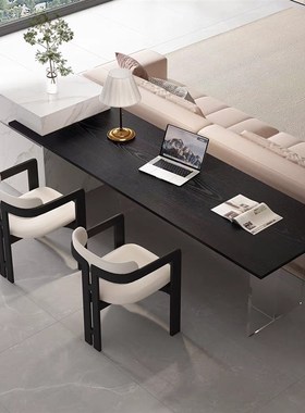 沙发后黑色茶桌岛台一体极简实木书桌客厅高级感双人工作台学习桌