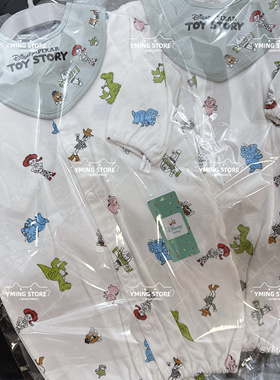 日单2件套卡通玩具总动员纯棉宝宝睡袋爬服两用连体衣 口水巾套装