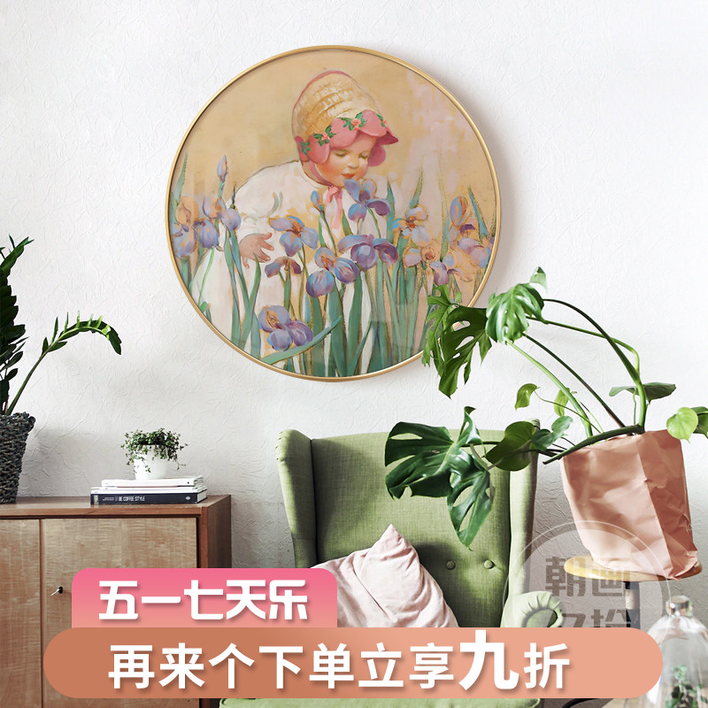 法式挂画女孩古典美式卧室背景墙壁复古摆画玫瑰花卉圆形装饰画图片