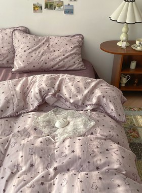 梨梦 晚安兔兔 可爱卡通纯棉双层纱四件套全棉床单被套床上用品