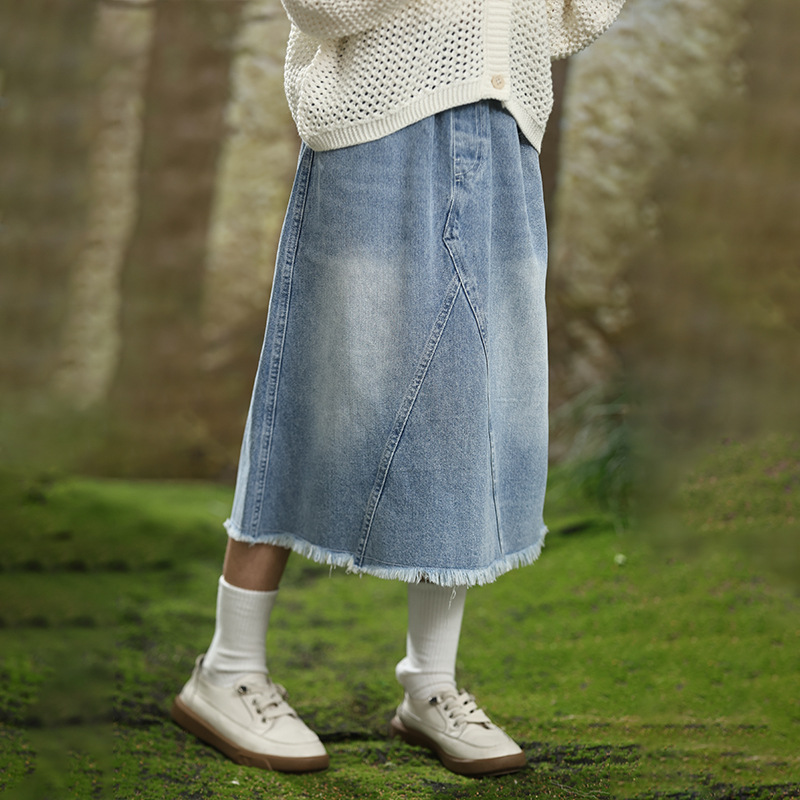 女童毛边牛仔半身裙2025春秋季外
