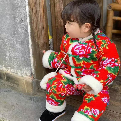 东北大花棉袄儿童手工套装宝宝冬