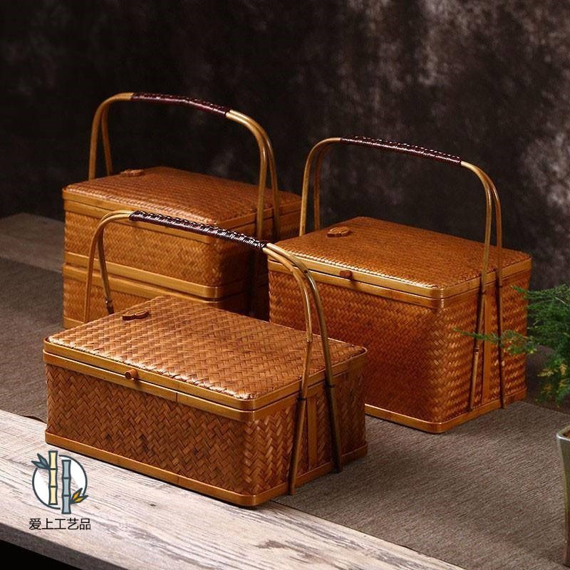 竹编提篮点心收纳盒手工编制提盒双层食盒茶具外出携Z带箱整理盒