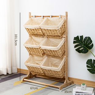 木质收纳架落地客厅零食玩具卧室书架多层防水藤编筐床头置物架